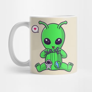 Cute Alien Playing Astronaut And Earth Puppet Cartoon Mug